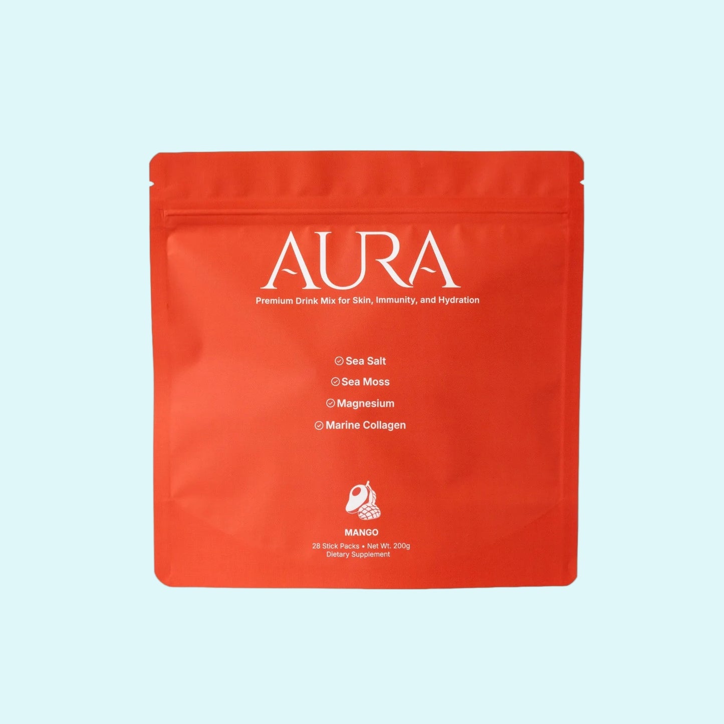 Red package of Aura premium drink mix on a turquoise background