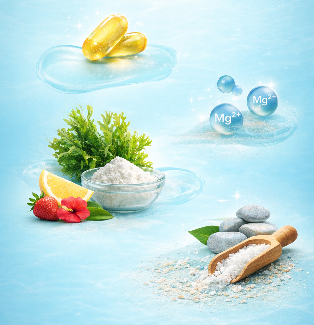 Mineral-themed image with elements like salt, lemon, and seaweed on a blue background