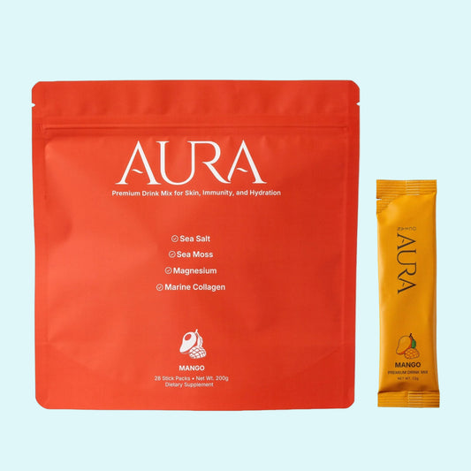 Red package and yellow sachet of Aura supplement on a white background