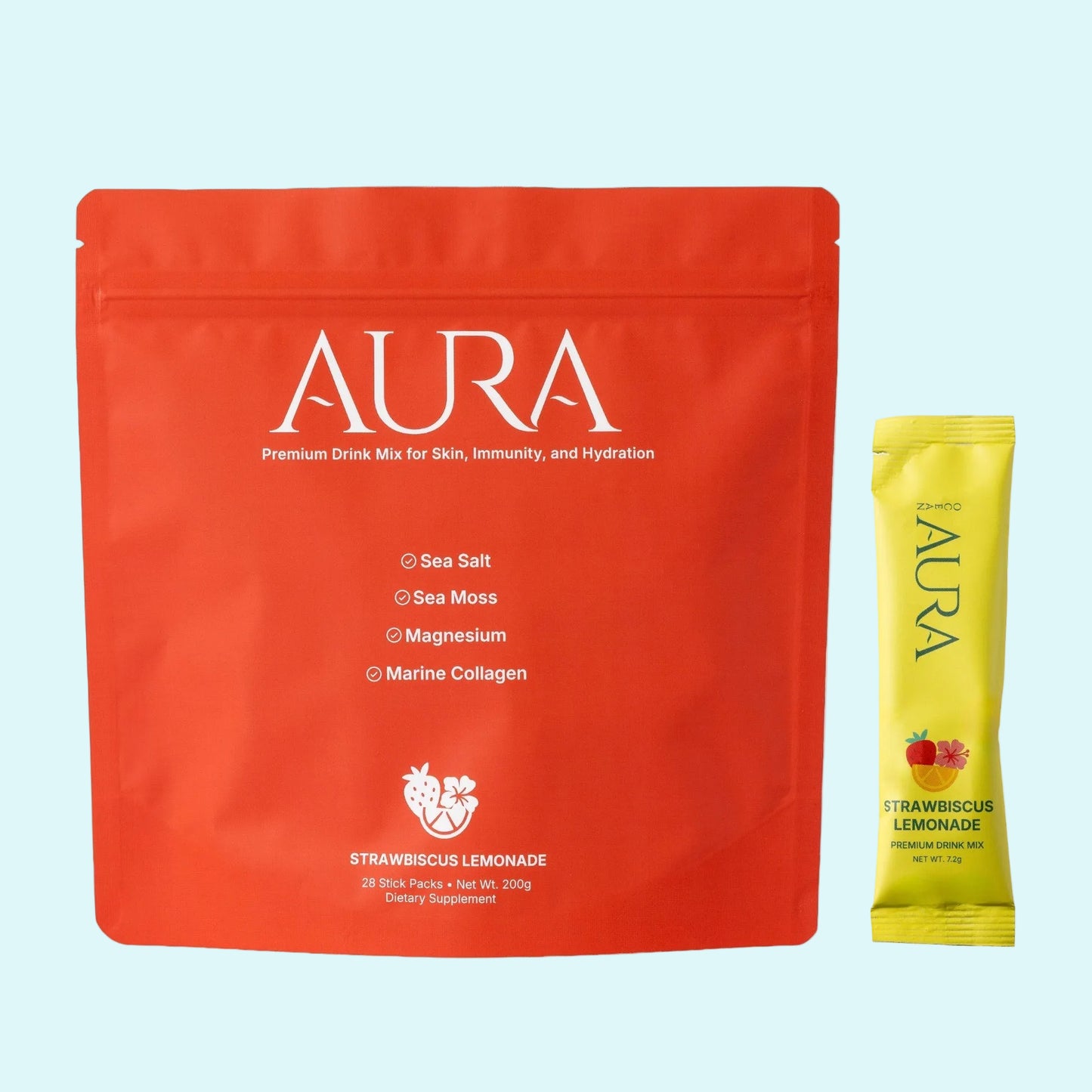 Red package and yellow single-serving packet of Aura drink mix on a white background
