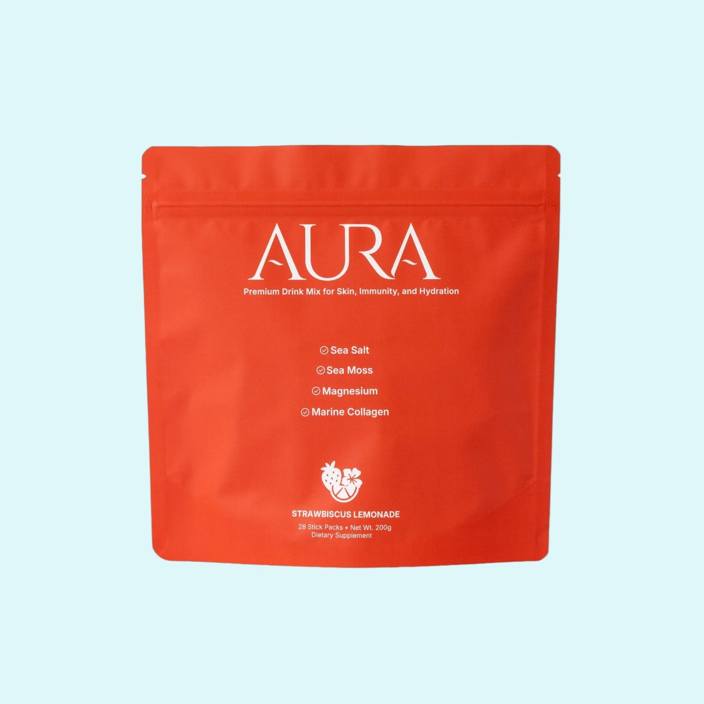 Red package of 'Aura' drink mix on a turquoise background